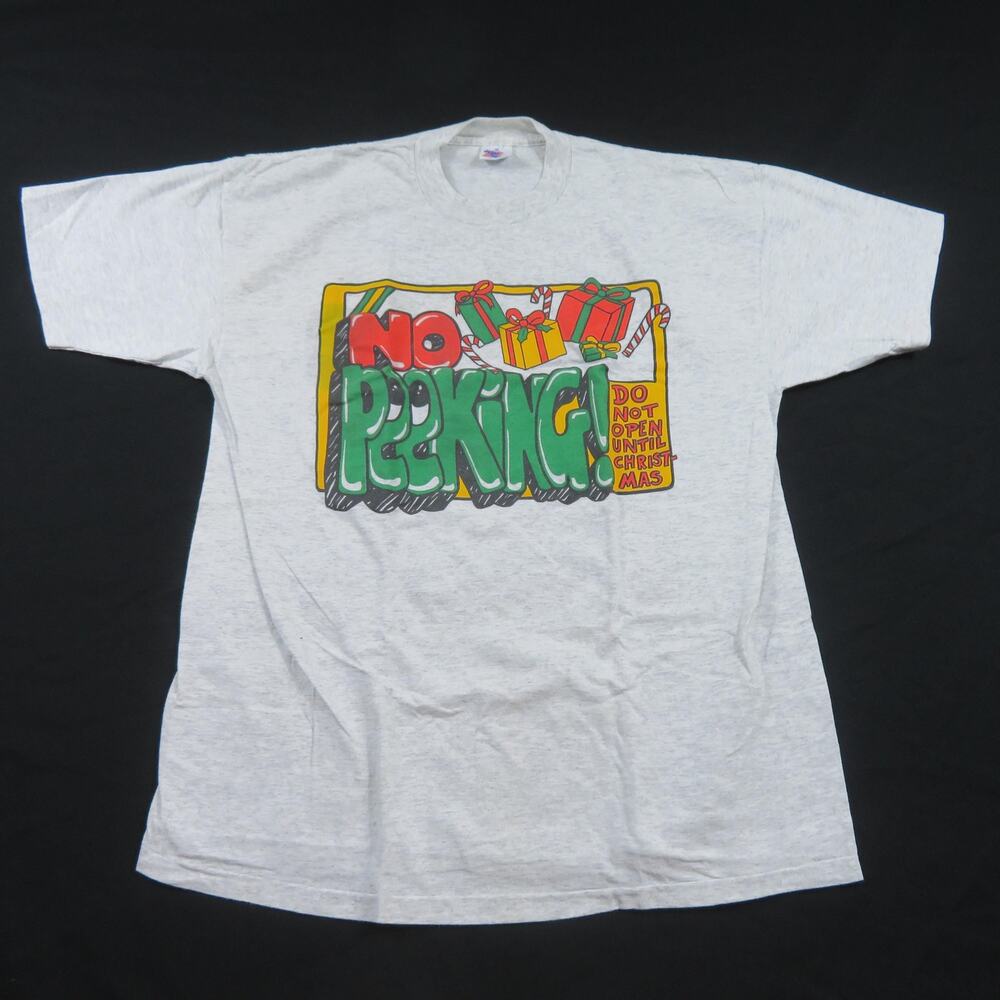 Funny Christmas T-Shirt No Peeking Do Not Open Until Gray Sz XL 1990s